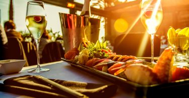 Luxury restaurant table on sunset