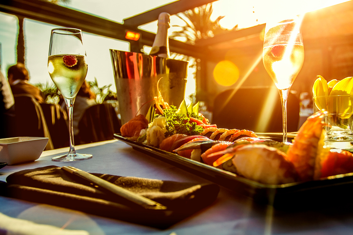 Luxury restaurant table on sunset
