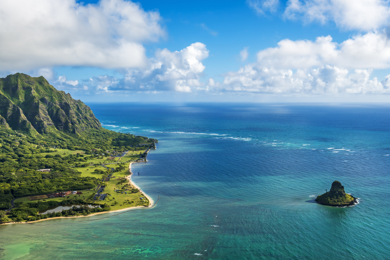 Aerial view of Kualoa Point and Chinamans Hat, Kaneohe Bay