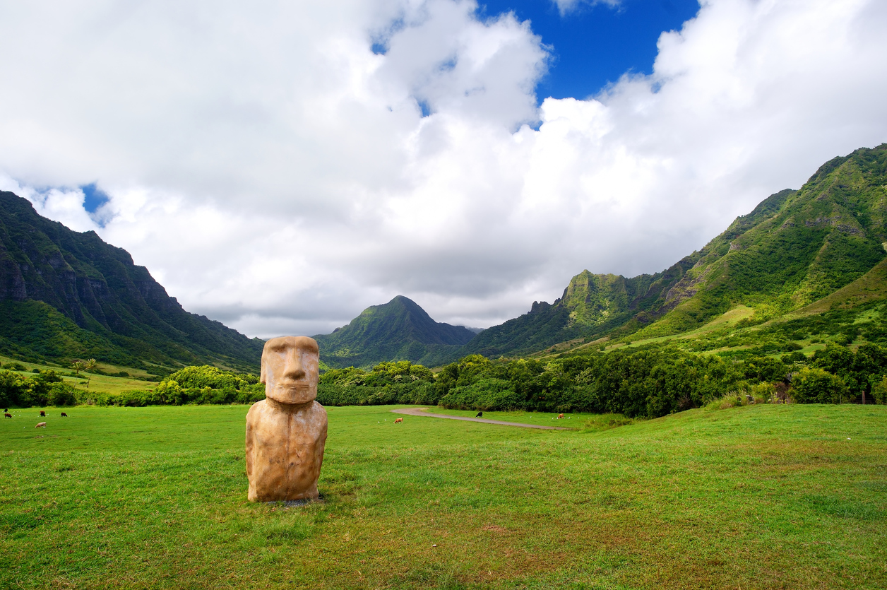 Fake Easter island head on Kualoa Ranch, Oahu